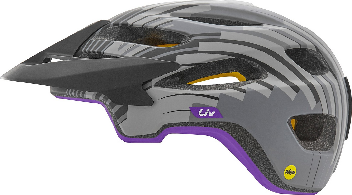 A gray off-road helmet with black and purple accents, featuring multiple air vents for AirFlow ventilation, a visor, and the Liv logo on the side. The product is called Helmet - Liv Coveta - Tonal Charcoal by Giant.