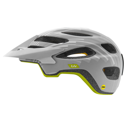 Side view of a grey and white off-road helmet with yellow accents, featuring MIPS protection and multiple AirFlow ventilation holes. This is the Helmet - Liv Coveta - Tonal Grey by Giant.