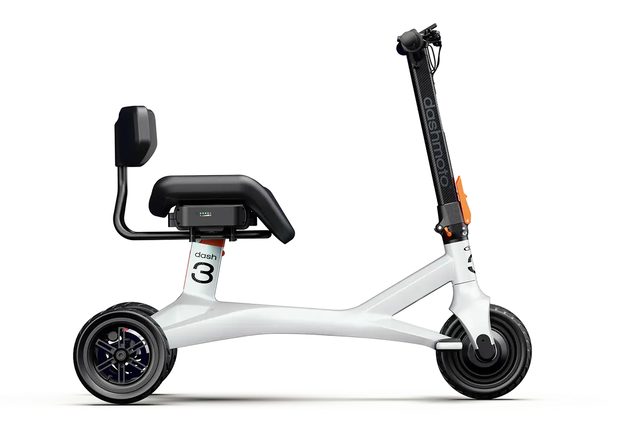 The Dashmoto Dash 3, a three-wheeled folding mobility scooter with a seat, backrest, and handlebars by Dashmoto, is shown from the side against a plain white background.