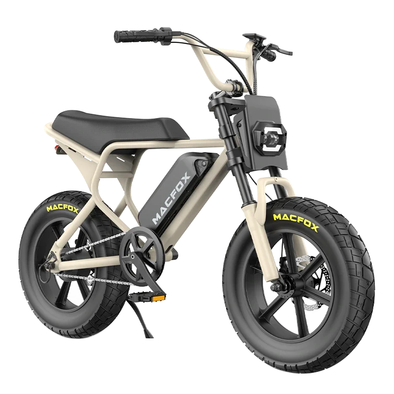 The Macfox M16 compact electric bike features thick black tires, a black seat, and pedals, all in beige, displayed from the side against a plain white background.