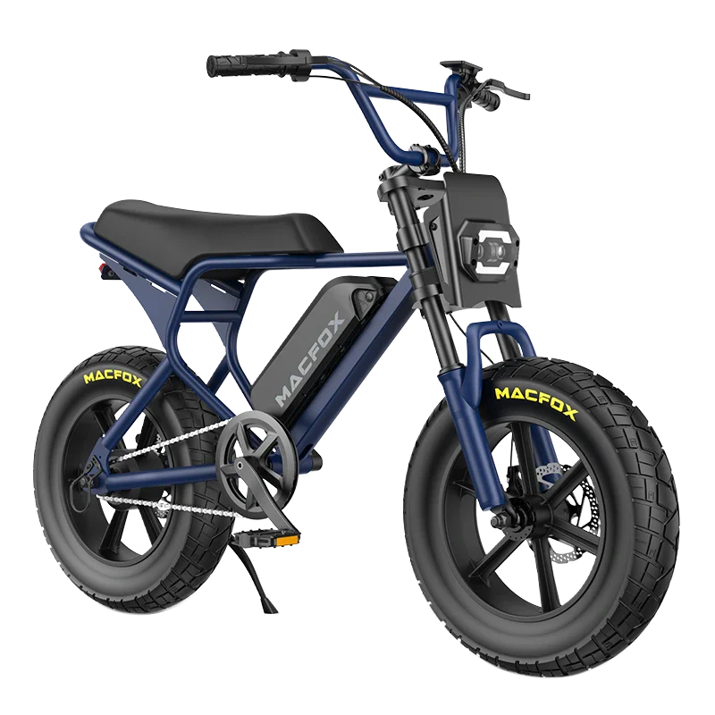 The Macfox M16 fat tire eBike features a sturdy Macfox frame, rectangular headlight, and thick tires, shown from the side on a white background—a compact electric bike ideal for adventurous riders.