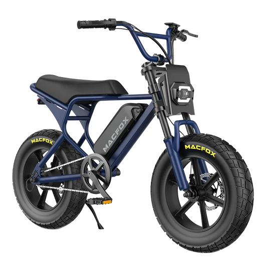 The Macfox M16 fat tire eBike features a sturdy Macfox frame, rectangular headlight, and thick tires, shown from the side on a white background—a compact electric bike ideal for adventurous riders.