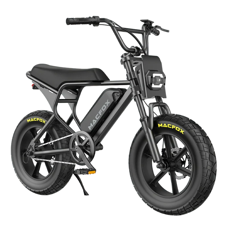 A black Macfox M16 fat tire eBike with a straight seat and pedal assist, displayed from a front side angle on a white background.