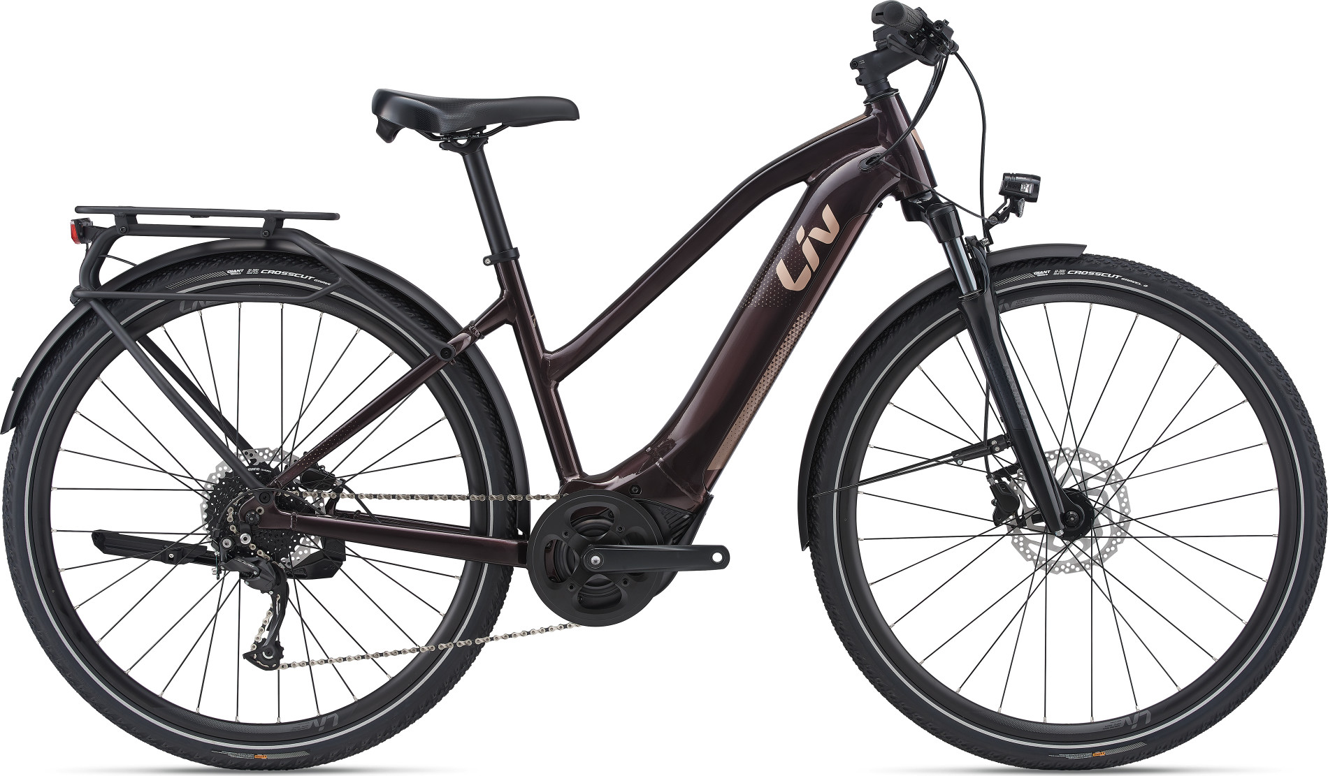 An LIV - AMITI-E+ 2 electric bike with a powerful motor, boasting a long-lasting battery, set against a white background.