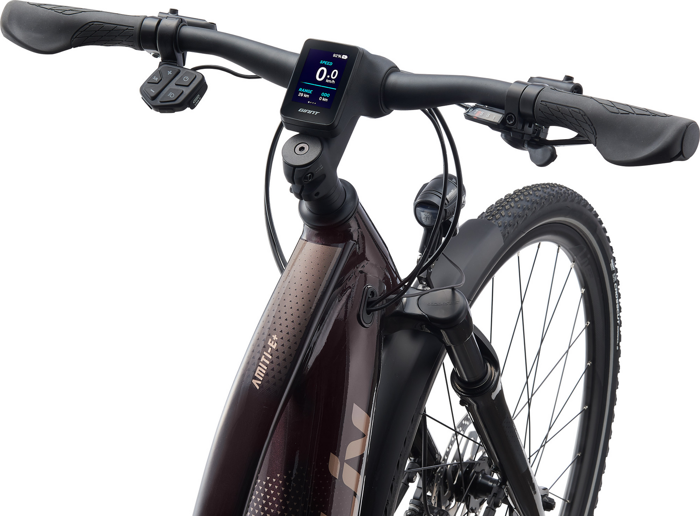 The handlebar of the LIV-AMITI-E+ 2 electric bike with an electronic display and a powerful motor.
