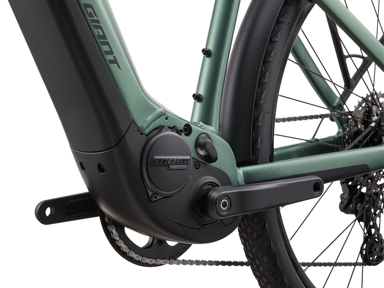 A close up view of a green Giant - Explore E+ 1 adventure bike.