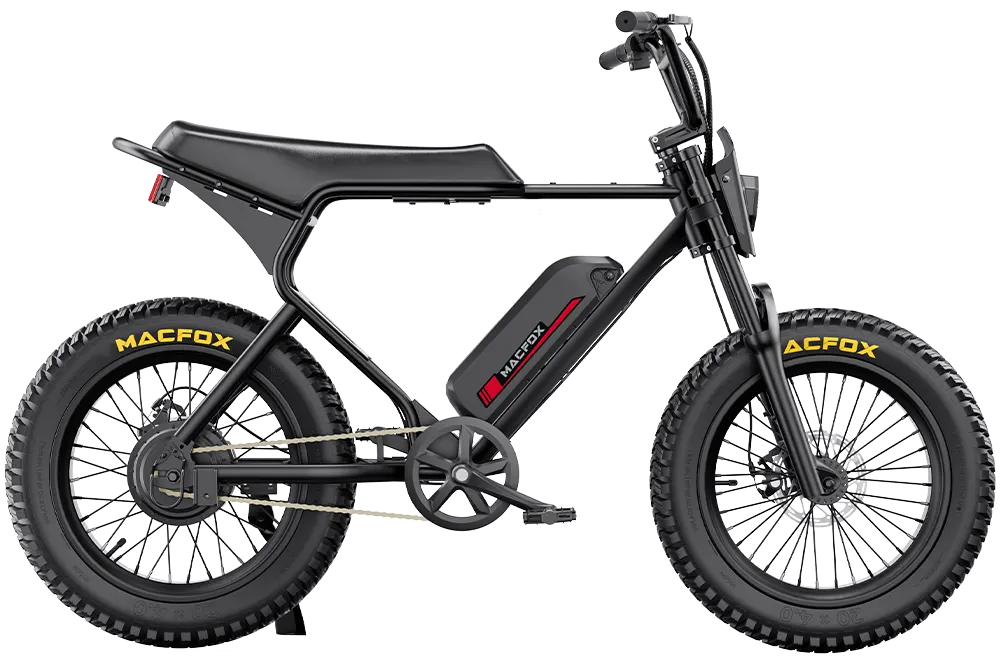 A side view of the Macfox - X1S electric bike in black, featuring thick tires, a high-torque motor, a long-range frame-mounted battery, and sleek design.