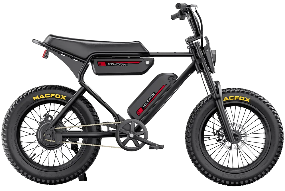 The Macfox X1S electric bike showcases a side view with thick tires, a high-torque motor, a central long-range battery, and striking red accents.