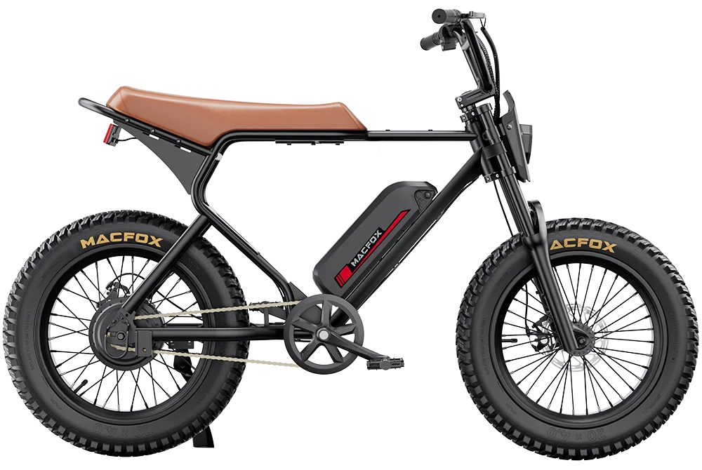 The Macfox - X1S electric bike, featuring MACFOX-branded thick tires, a brown seat, and a visible long-range battery on the frame, includes a high-torque motor for an exciting ride.