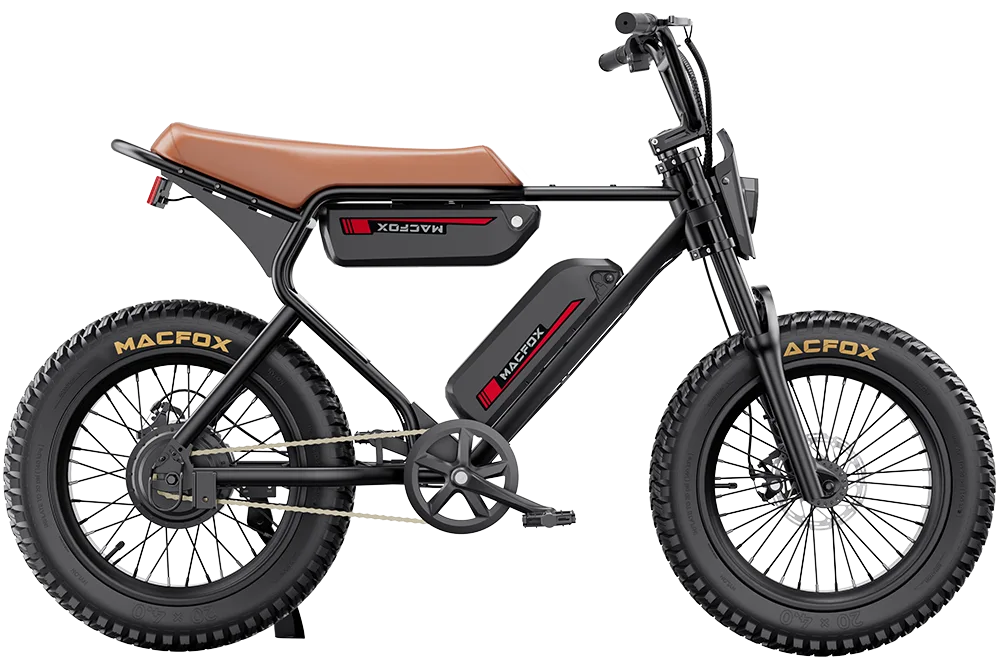 The Macfox - X1S is a sleek black electric bike with a brown seat and thick tires, featuring a powerful high-torque motor and long-range battery integrated into the frame for an unmatched riding experience.