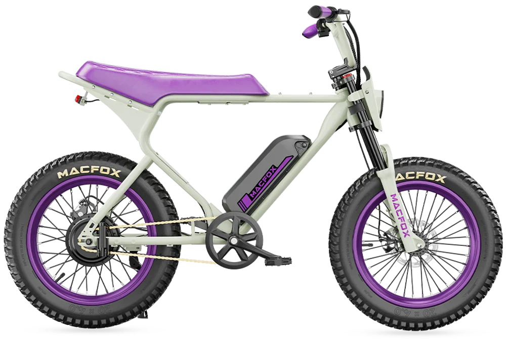 The Macfox - X1S by Macfox is a white and purple electric bike featuring thick tires, a high-torque motor, and a visible long-range battery pack seamlessly integrated into the frame.