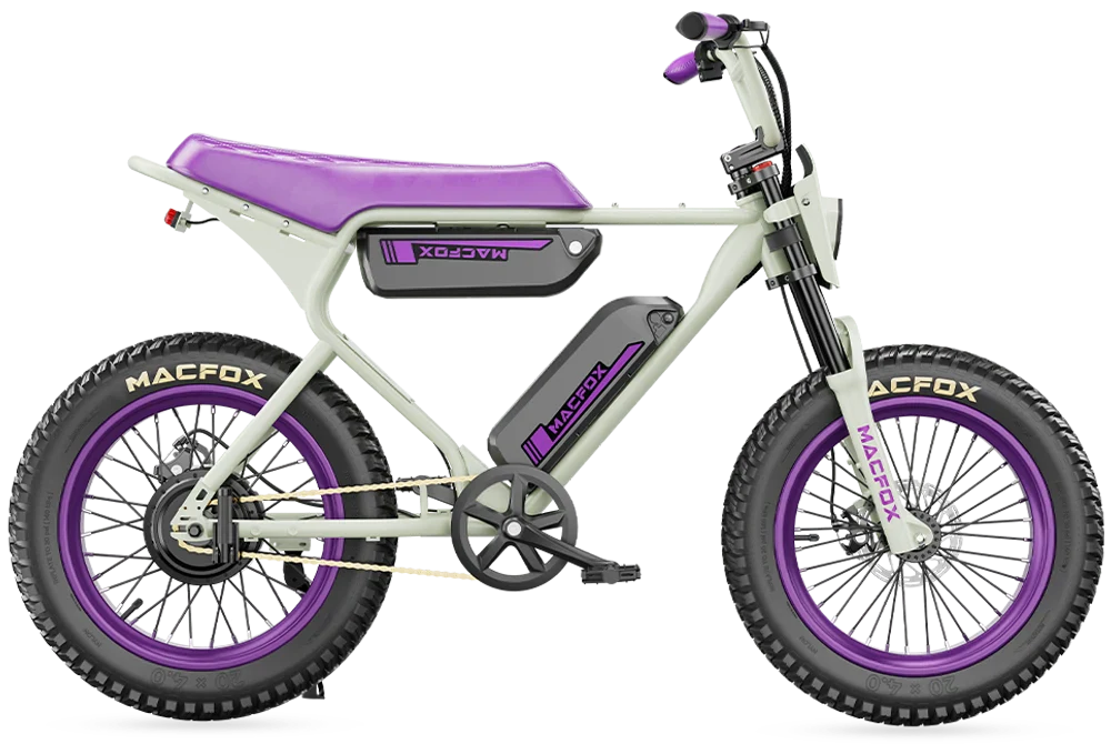 The Macfox X1S electric bike features a sleek white frame with purple seat, tires, and accents. It has a long-range battery on the frame and large "MACFOX" branded wheels for effortless travel.