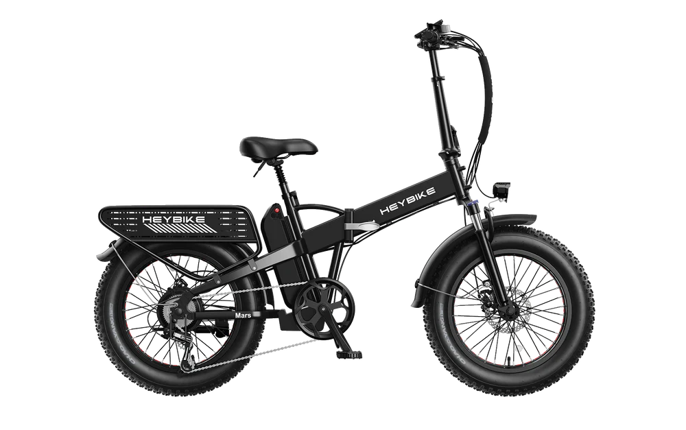 A black HeyBike Mars 2.0 fat tire foldable electric bicycle on a transparent striped background.