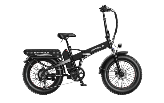 A black HeyBike Mars 2.0 fat tire foldable electric bicycle on a transparent striped background.