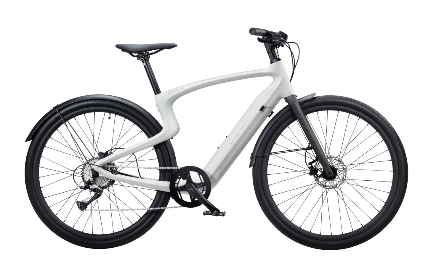 The Urtopia Carbon 1 Pro is a silver eBike with a sleek frame, equipped with advanced features such as disc brakes and fenders, and enhanced by black handlebars and wheels.