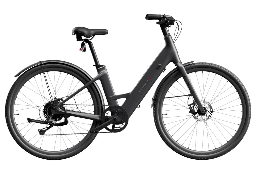 The Urtopia Carbon 1 Step-Thru eBike, in matte black, showcases a Toray® carbon fiber step-through frame, two wheels, and an upright handlebar design from a side view.