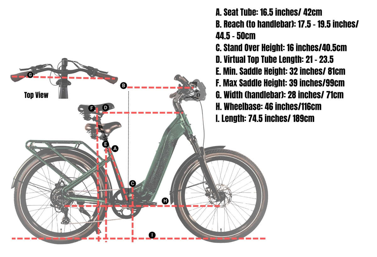 Side view of the Magnum Melody by Magnum, a 750W low-step commuter eBike, with labeled seat tube, reach, standover height, top tube, saddle height, width, wheelbase, and overall length measurements.