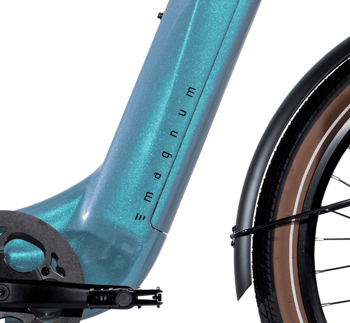 Close-up of the Magnum Melody by Magnum: a blue electric bike frame labeled "medium," featuring part of the crankset and front tire with black fender—a versatile, low-step commuter eBike for daily rides.