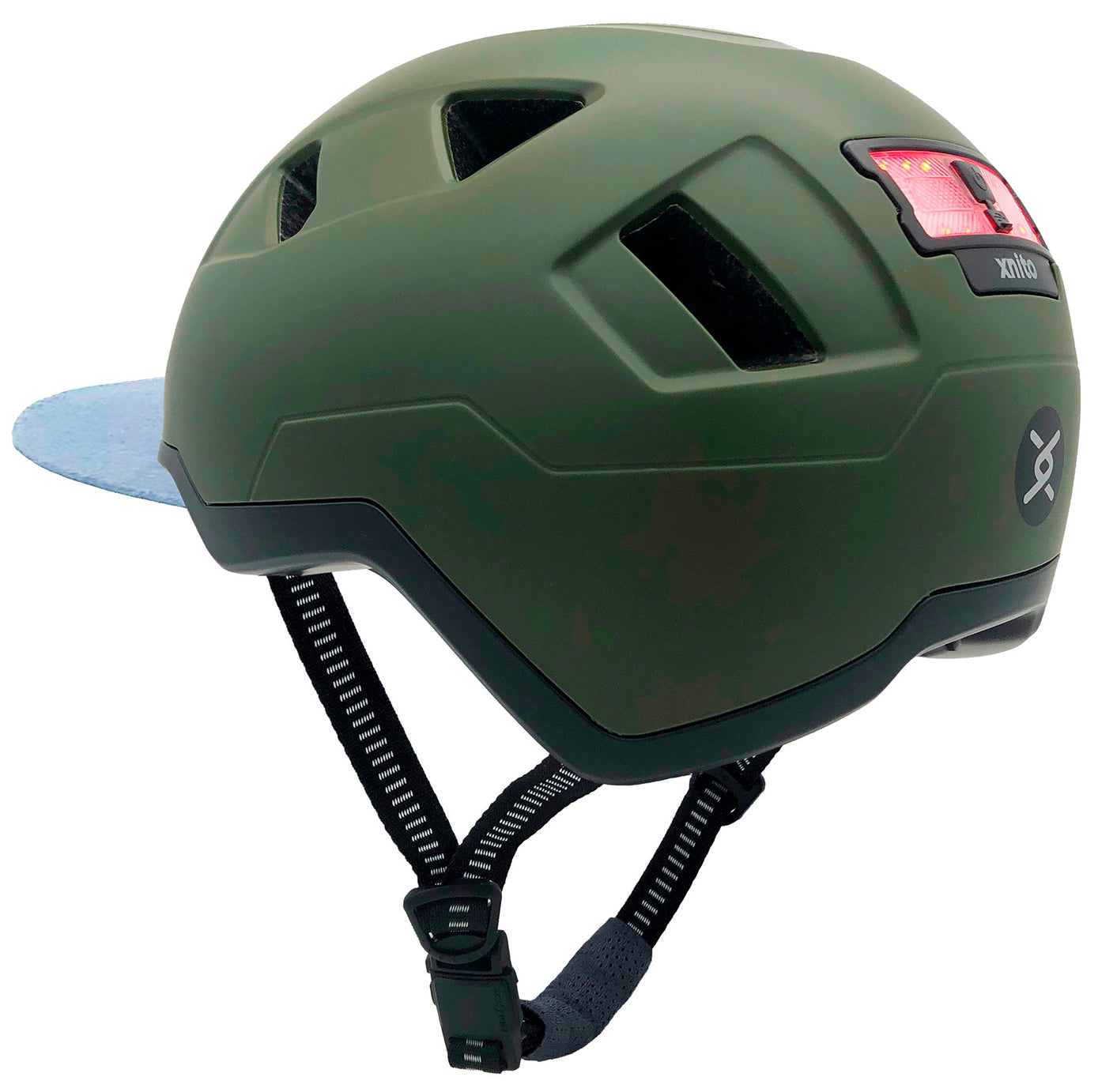 Olive green XNITO e-bike helmet with an attached rear LED light and adjustable chin strap, CPSC certified.