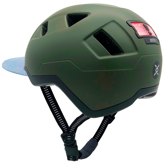 Olive green XNITO e-bike helmet with an attached rear LED light and adjustable chin strap, CPSC certified.