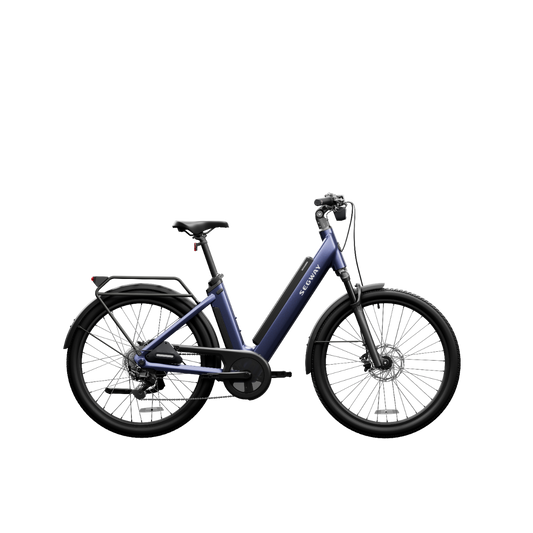 Side view of the Segway - Myon, a blue commuter e-bike by Segway with front suspension, rear rack, fenders, and an integrated frame battery, shown against a plain white background.