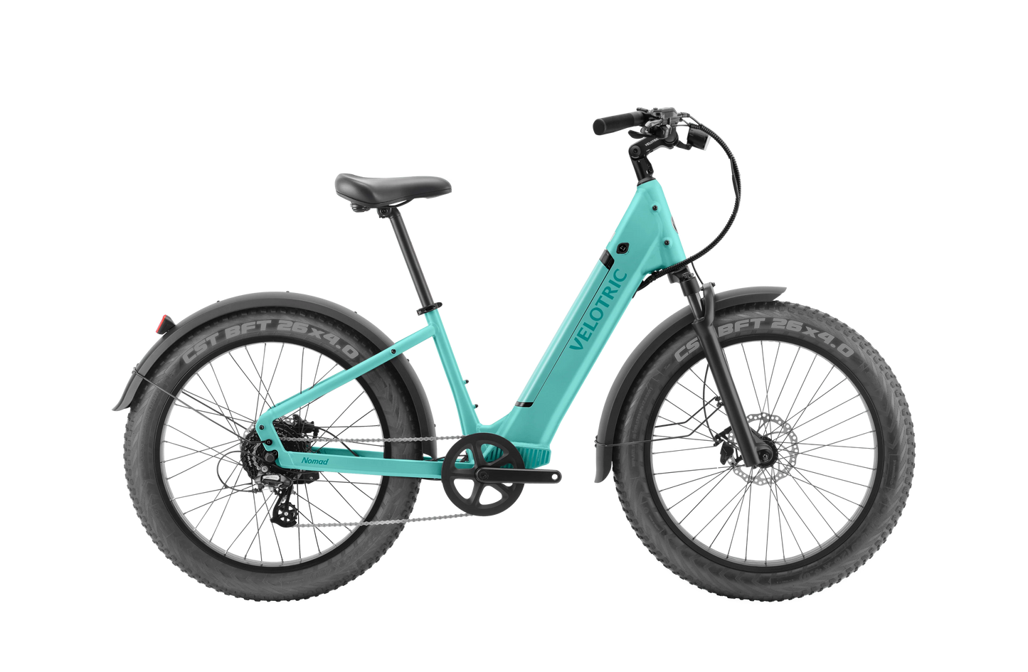 The Velotric - Nomad 1 Plus, a turquoise commuter e-bike with the Velopower H50 drive system, thick tires, a step-through frame, and a black saddle, stands against a white background.