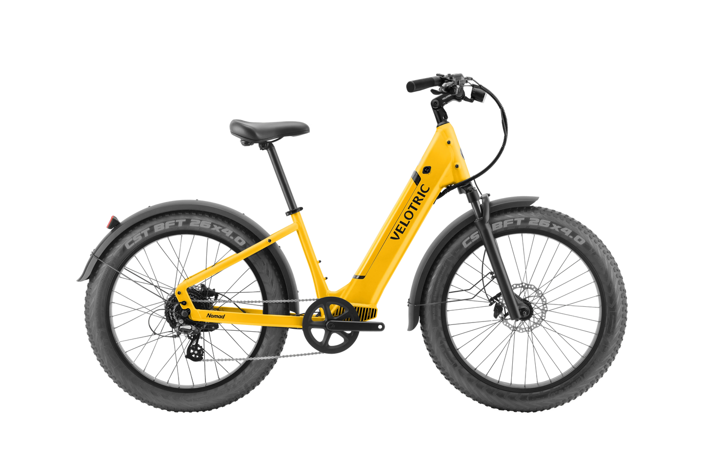 The Velotric Nomad 1 Plus, an electric bike in a vivid yellow hue, showcases substantial black tires, fenders, and a step-through frame with the "Velotric" branding on the side. Utilizing Velopower H50 technology, this model promises extended battery life for longer journeys.