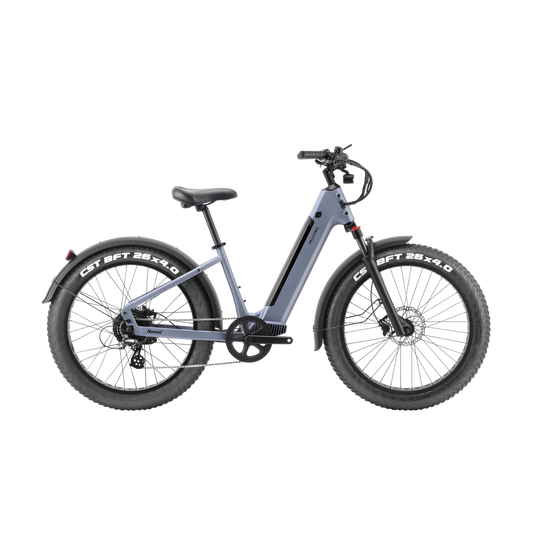 The Velotric - Nomad 1 - Step Through - Indigo Grey electric bike is shown against a black background.