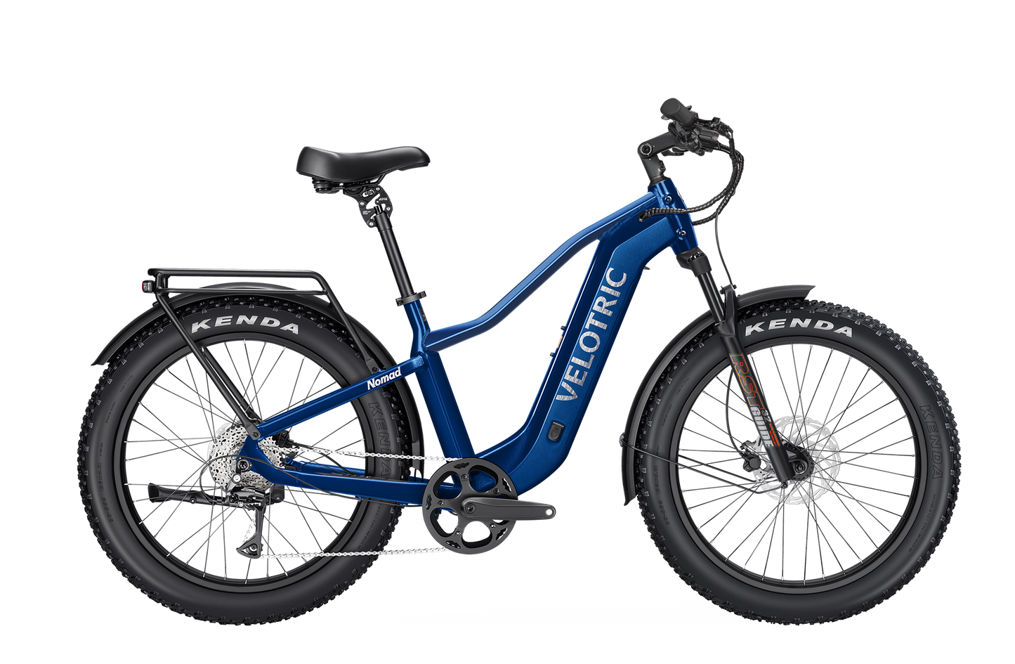 The Velotric Nomad 2 is an electric bike featuring a blue frame with a Velotric logo, black Kenda tires, and a rear rack.