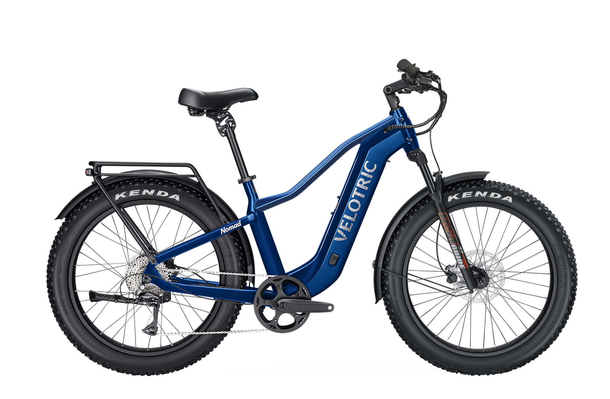 The Velotric Nomad 2 is an electric bike featuring a blue frame with a Velotric logo, black Kenda tires, and a rear rack.