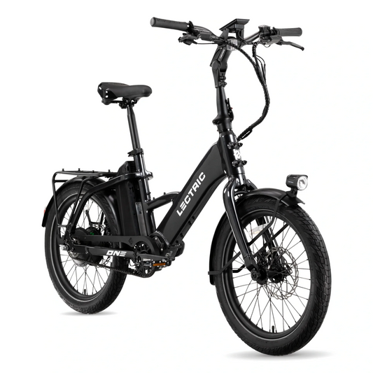 The Lectric - ONE black folding electric bike by Lectric features a front headlight, rear rack, and wide tires, displayed on a white background.