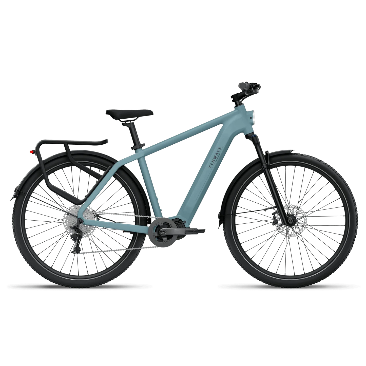 A Tenways AGO X commuter e-bike with a rear luggage rack, equipped with disc brakes and a minimalistic frame design, isolated on a black background.