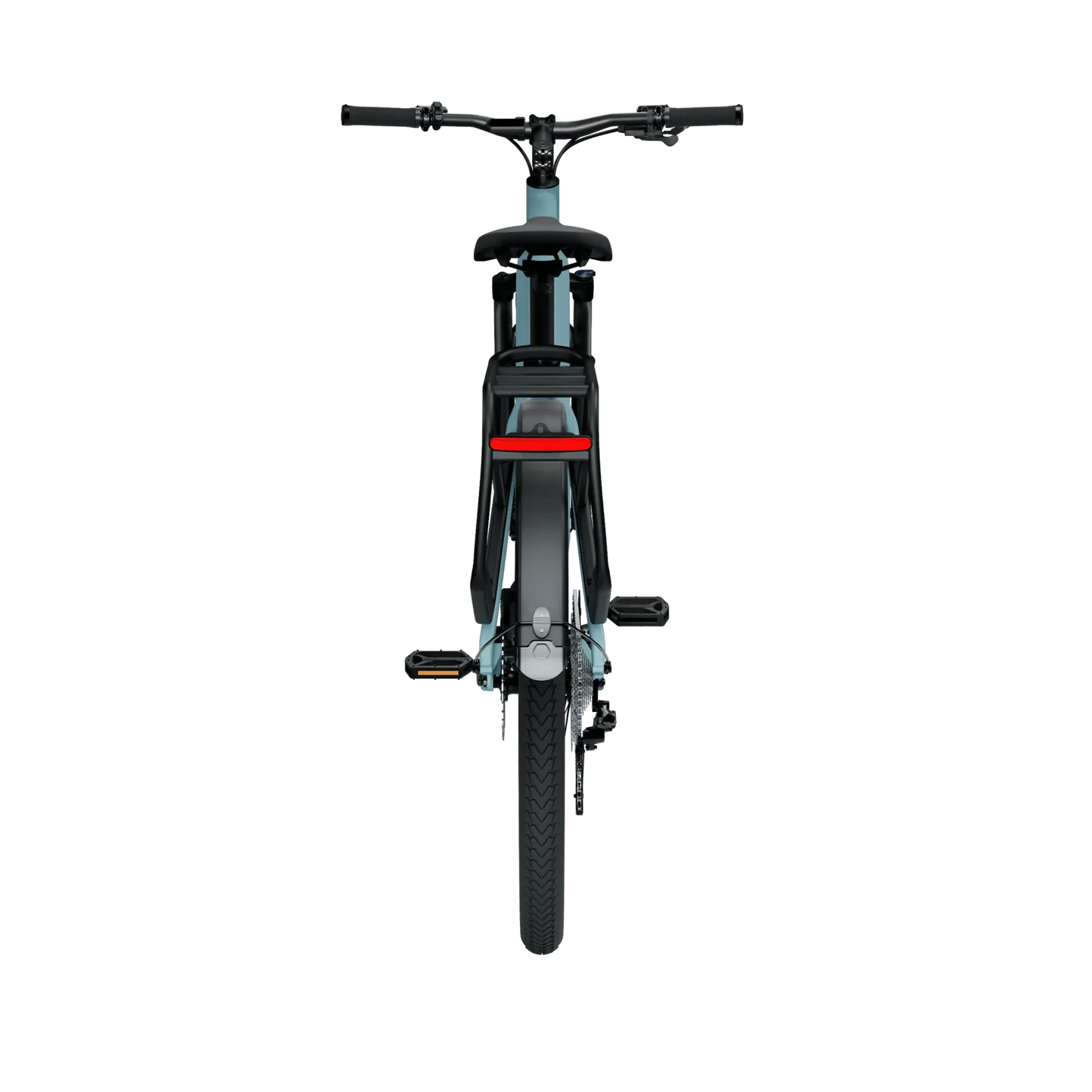 Front view of a Tenways AGO X electric bicycle with a mid-drive motor against a black background, featuring a headlight and a visible suspension fork.