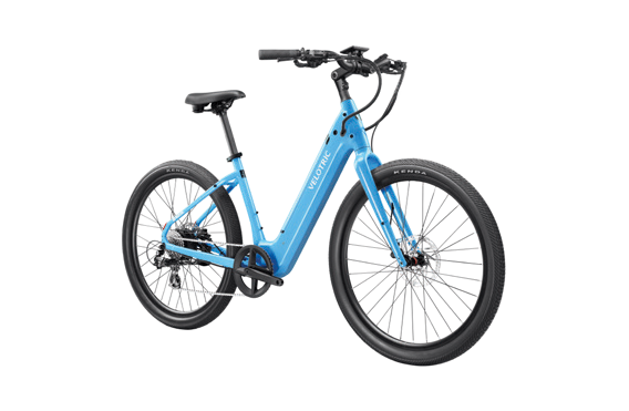 The Velotric - Breeze is a blue urban eBike with a step-through frame, black handlebars, and black tires set against a white background, featuring a powerful 750W motor for effortless rides.