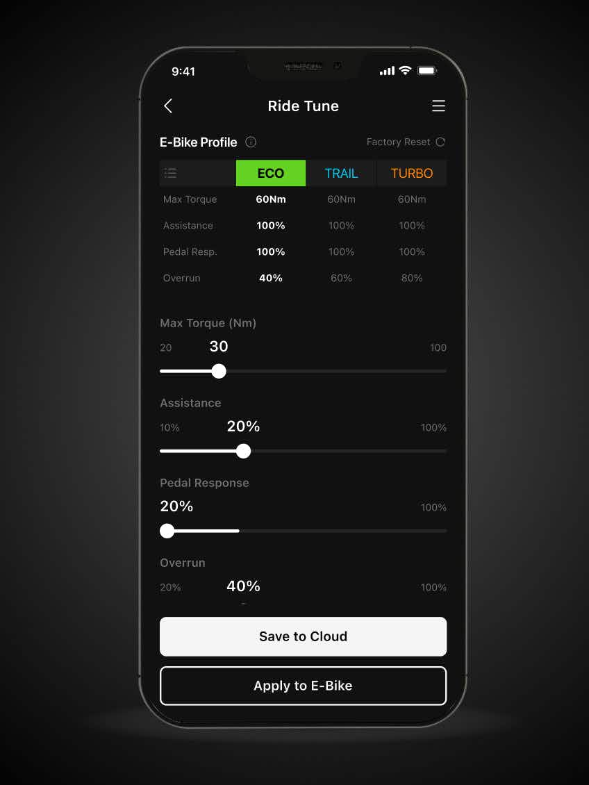 A smartphone screen displays the Aventon app with Eco, Trail, and Turbo ride tune settings for the Aventon Pace 5 REC Step-Through, showing adjustable torque, assistance, pedal response, and overrun percentages.