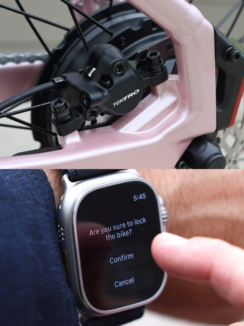 A Tektro brake on the Aventon Pace 5 REC Step-Through hovers over a smartwatch screen showing a lock prompt for the electric bike, with a finger ready to confirm.