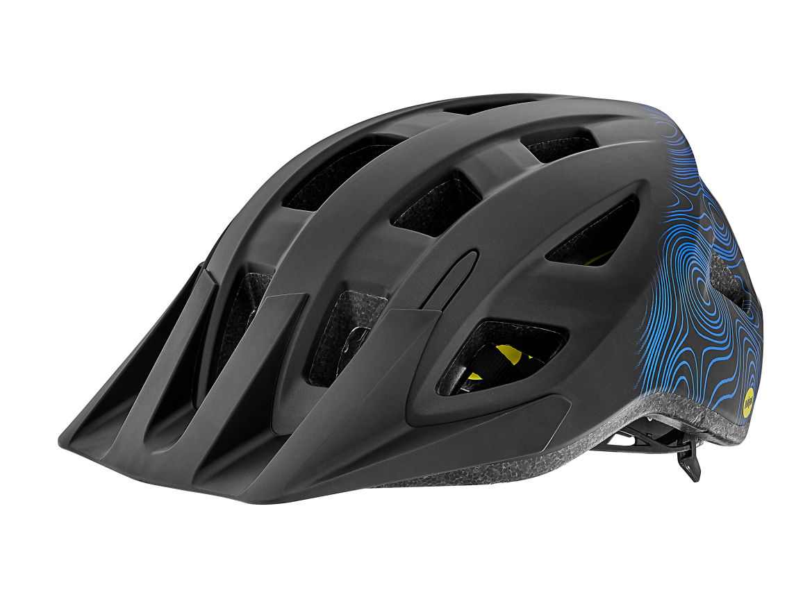 A black Giant Path helmet with blue accents and Mips protection.