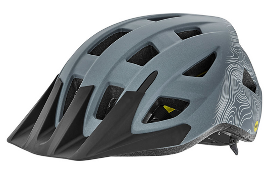 A gray Giant Path - Matte Knight Shield Mips protection mountain biking helmet with ventilation holes and an adjustable visor.