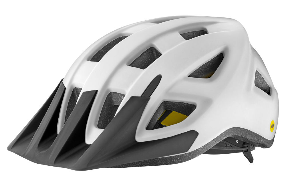 White and gray Giant Path helmet with Mips protection isolated on a white background.