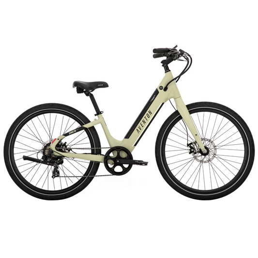 A sleek Aventon - Pace 350.3 Step Through electric bike for women is displayed on a minimalistic white background.