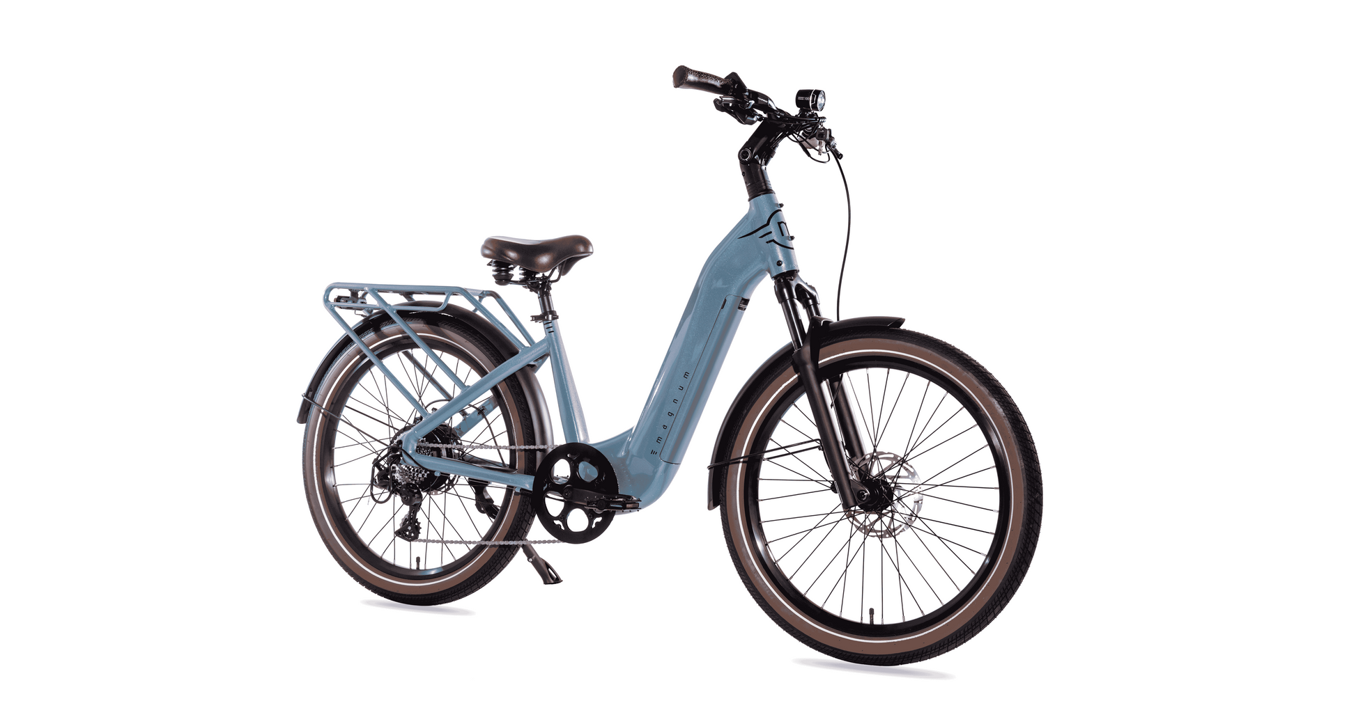 A blue Magnum Melody electric bike by Magnum is shown on a white background, featuring a low-step commuter frame, front/rear fenders, rear cargo rack, wide tires, and a range of up to 55 miles.