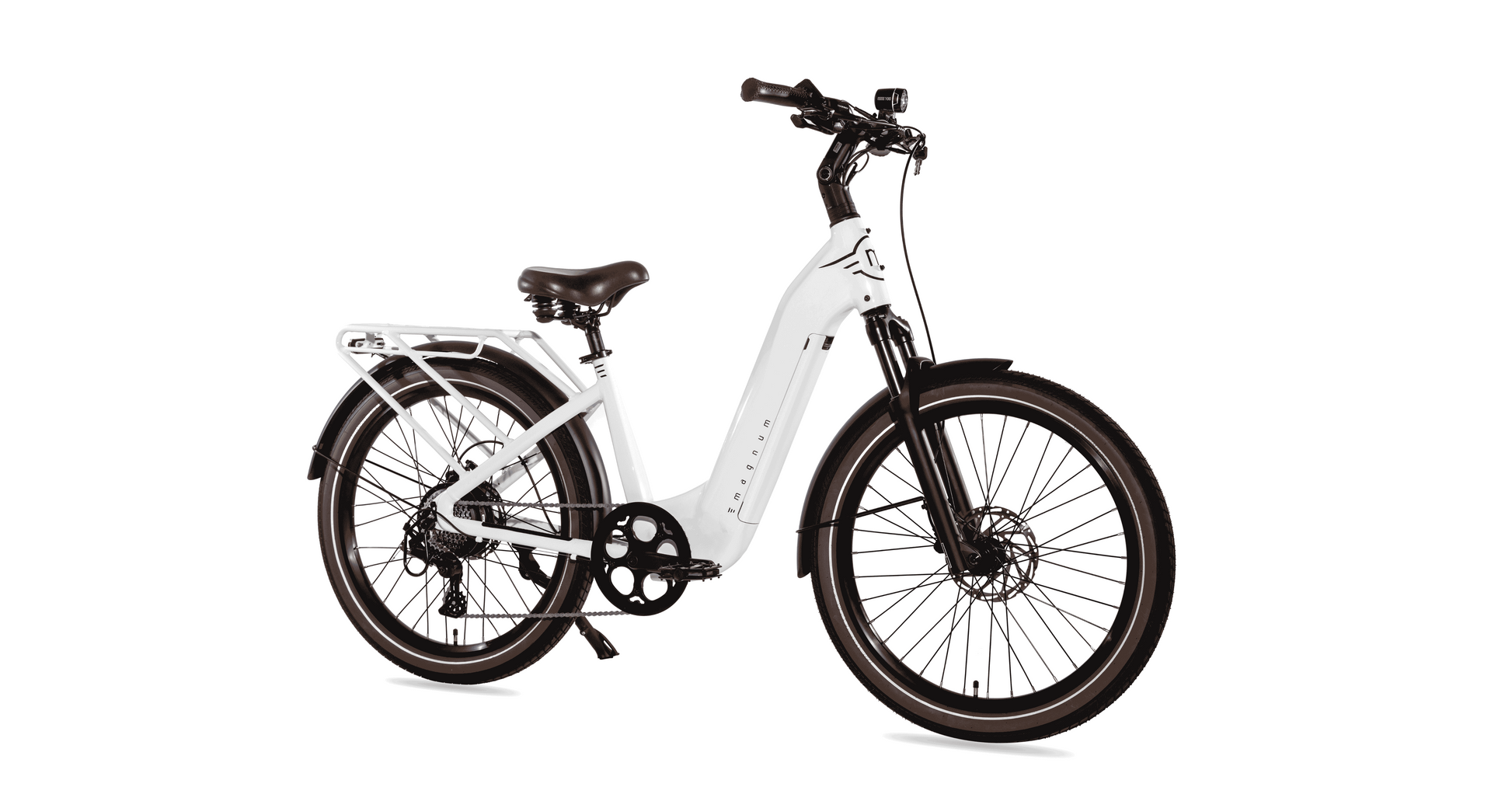 The Magnum Melody by Magnum, a white electric bike with a low-step commuter frame, 750W motor, front and rear fenders, rear cargo rack, black saddle, and upright handlebars is displayed against a plain white background.