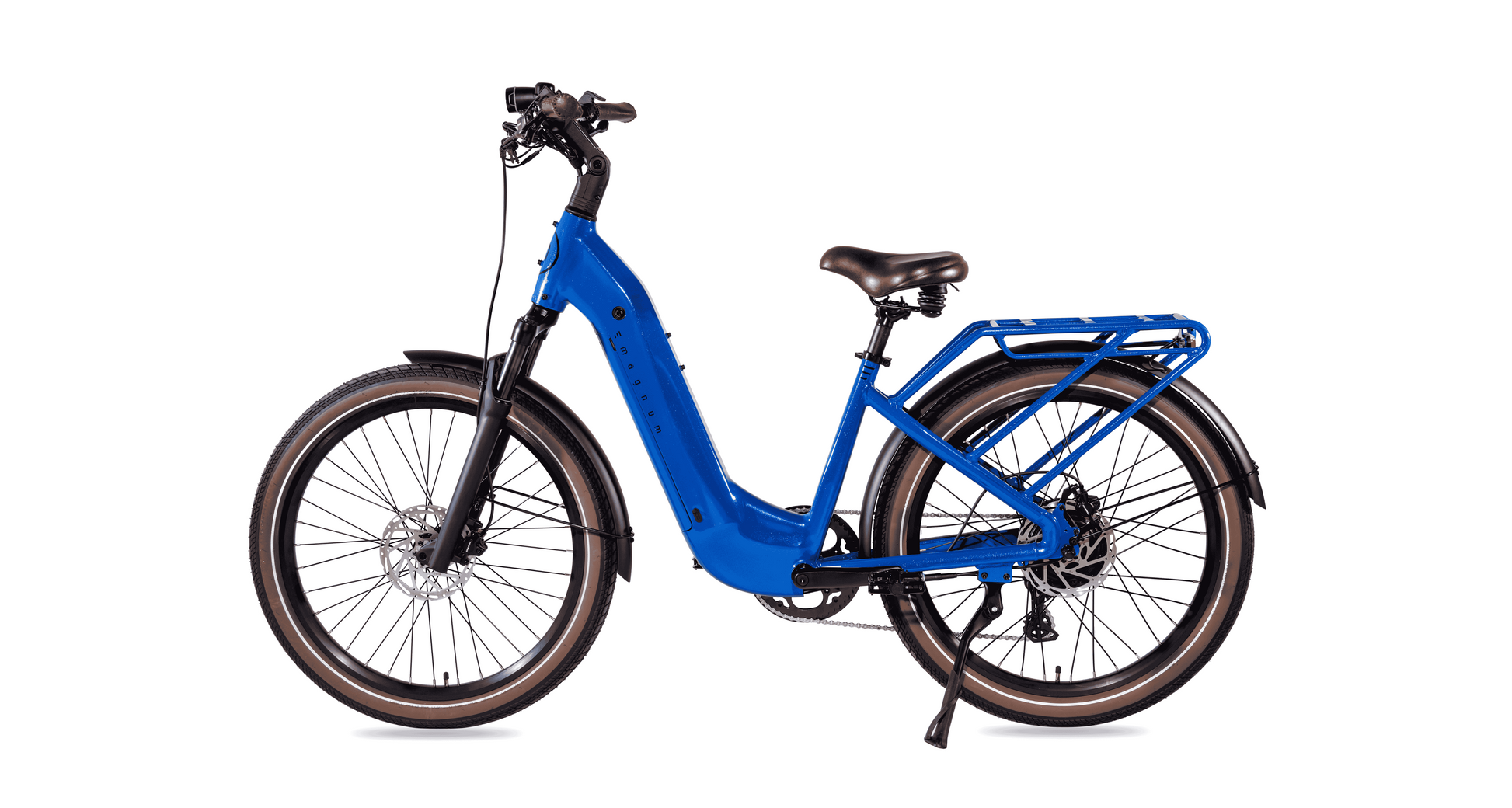 A side view of the Magnum Melody by Magnum, a blue electric bike featuring wide tires, a low-step commuter frame, rear cargo rack, and front and rear fenders.