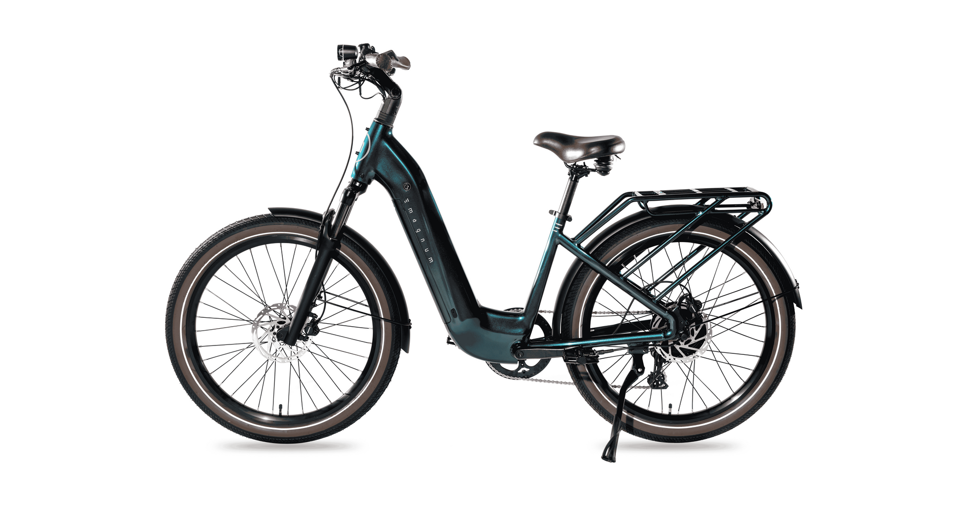 A Magnum Melody electric bike by Magnum, featuring a teal low-step commuter frame, wide tires, rear cargo rack, disc brakes, fenders, and kickstand, is shown in profile against a white background.