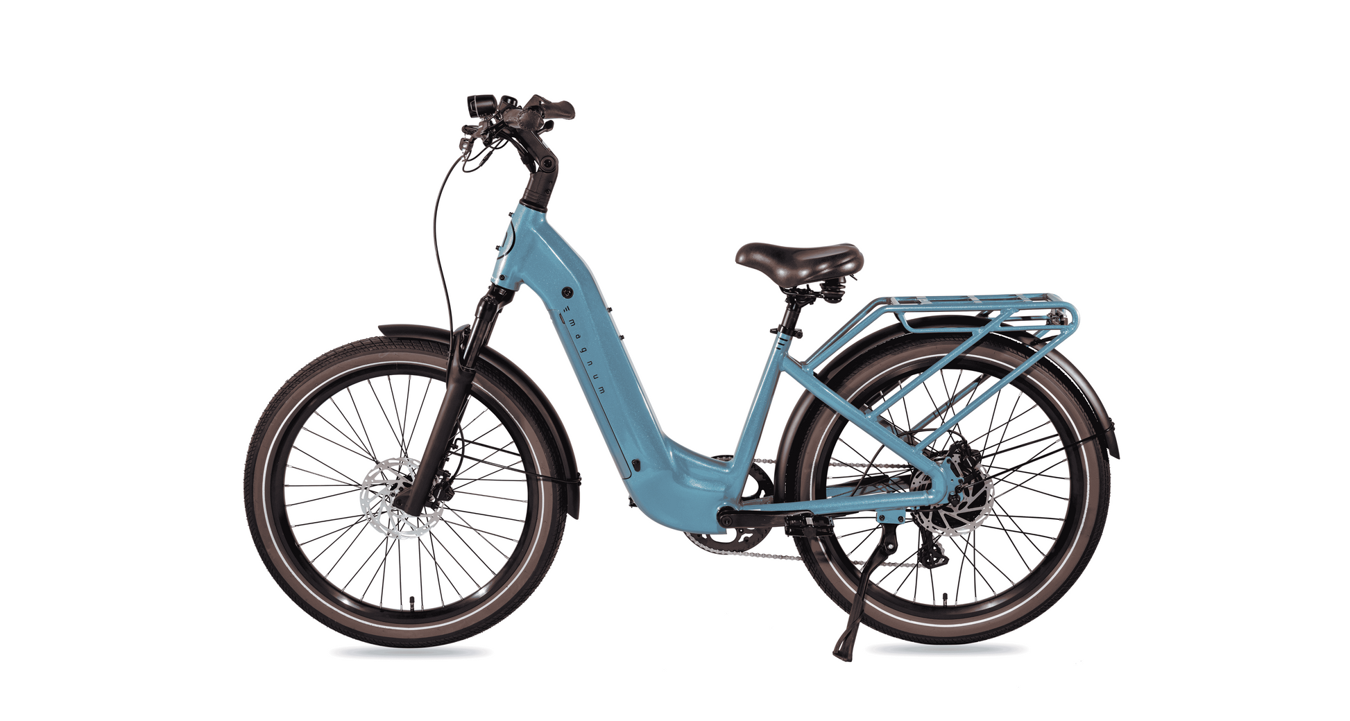 The Magnum Melody is a blue low-step electric commuter bike by Magnum featuring a step-through frame, rear cargo rack, front suspension, fenders, thick tires, and up to 55 miles of range, shown from the side on a white background.