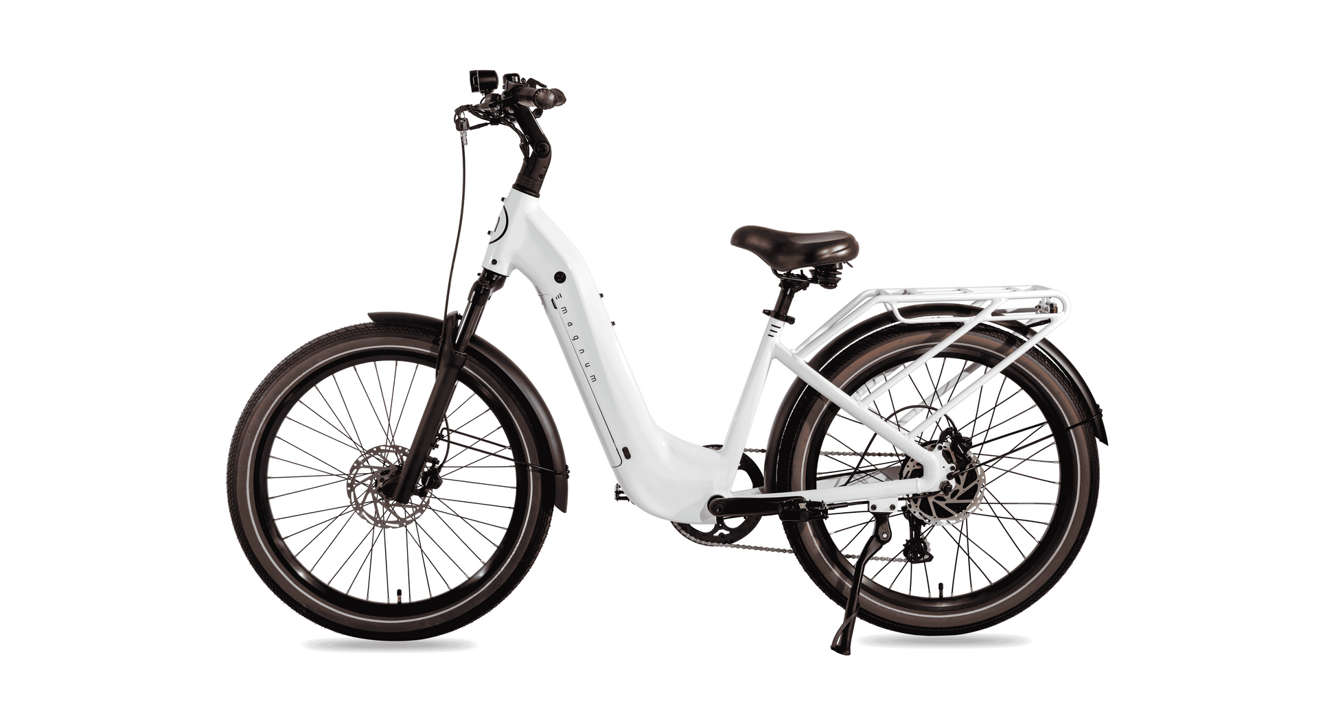 The Magnum Melody by Magnum, shown in side profile against a white background, is a white electric bike with a low-step commuter frame, black tires, front and rear fenders, a rear cargo rack, and an upright handlebar.