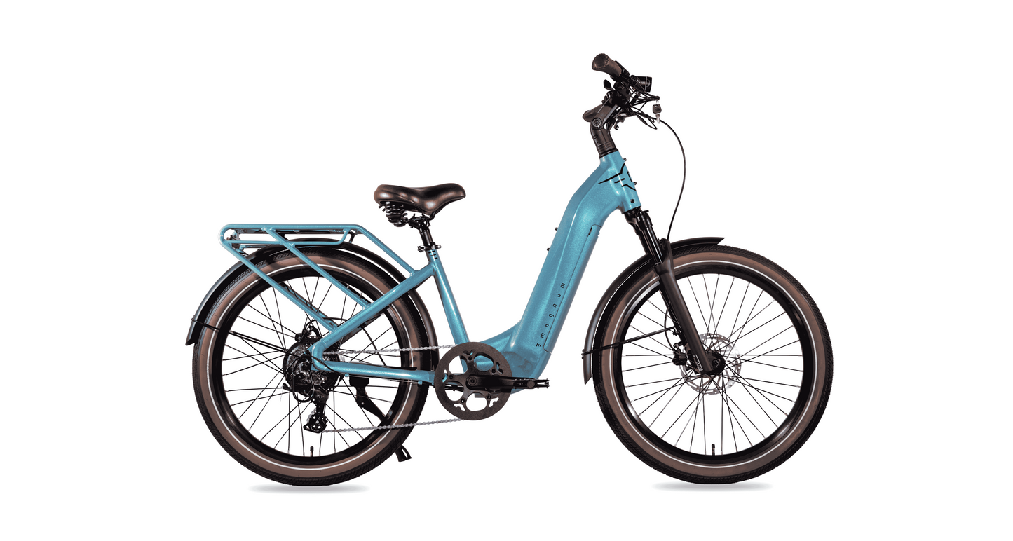 The Magnum Melody by Magnum is a blue low-step commuter eBike with a rear cargo rack, fenders, disc brakes, and up to 55 miles of range, displayed from the side on a white background.