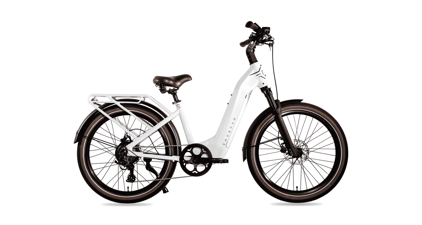 The Magnum Melody electric bike by Magnum, featuring a white step-through frame, front suspension, rear rack, and black tires, is displayed on a white background.