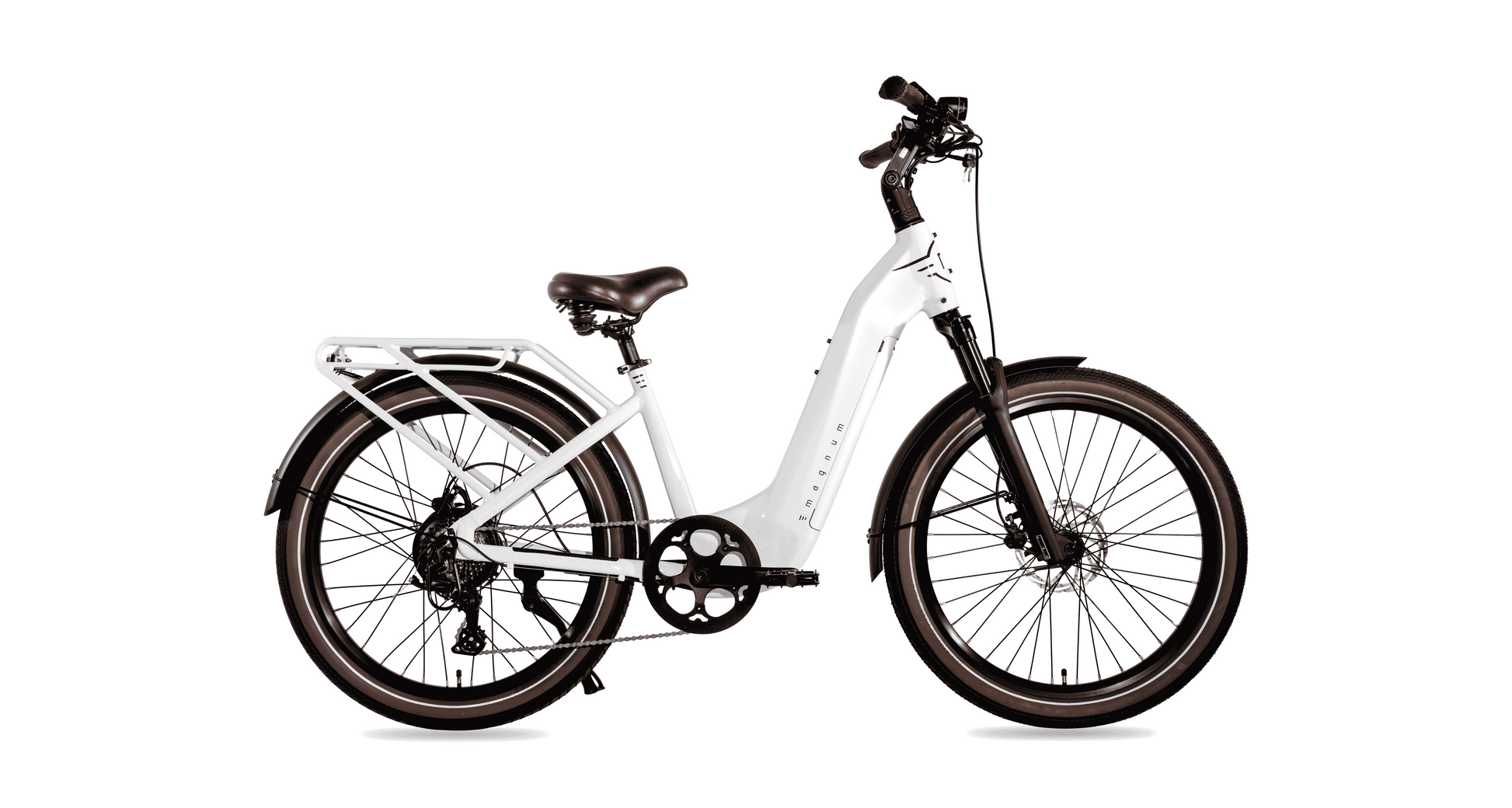 The Magnum Melody electric bike by Magnum, featuring a white step-through frame, front suspension, rear rack, and black tires, is displayed on a white background.