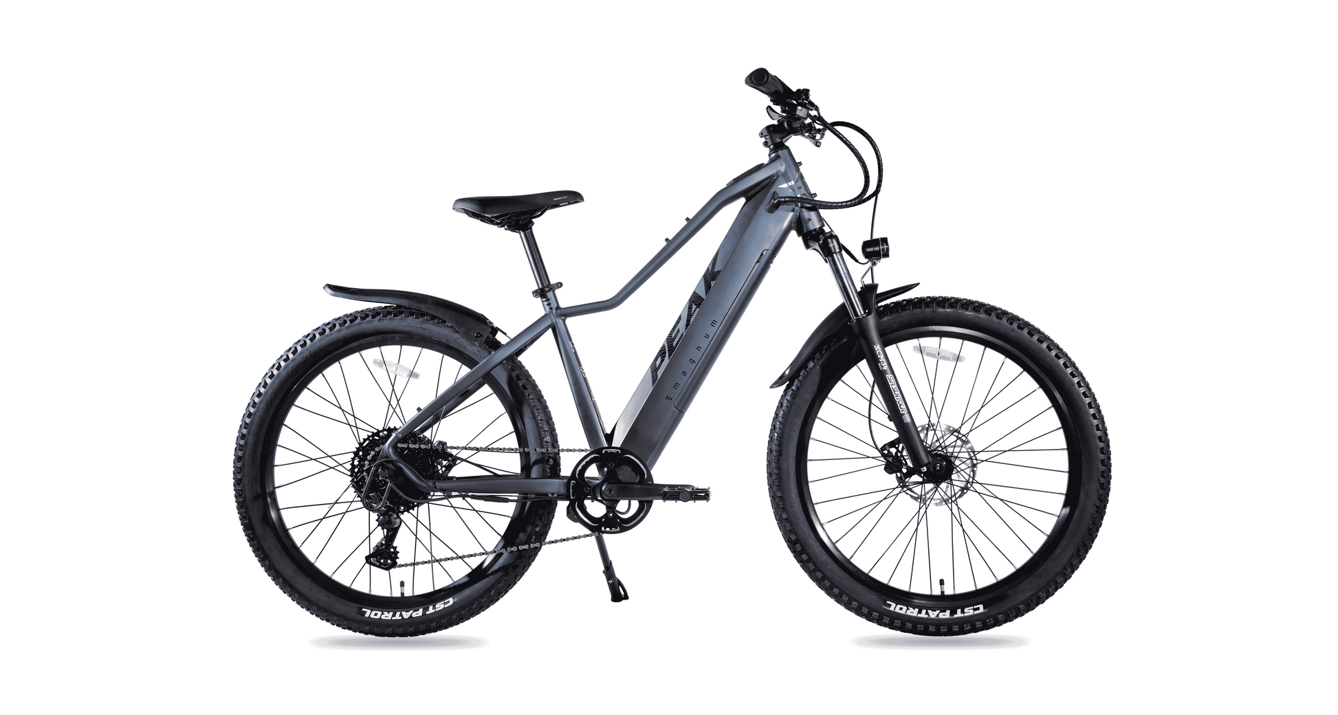 A side-profile view of the gray Magnum Peak 2.0 electric mountain bike by Magnum features thick tires, front suspension, a built-in battery, and an advanced torque sensor against a white background.